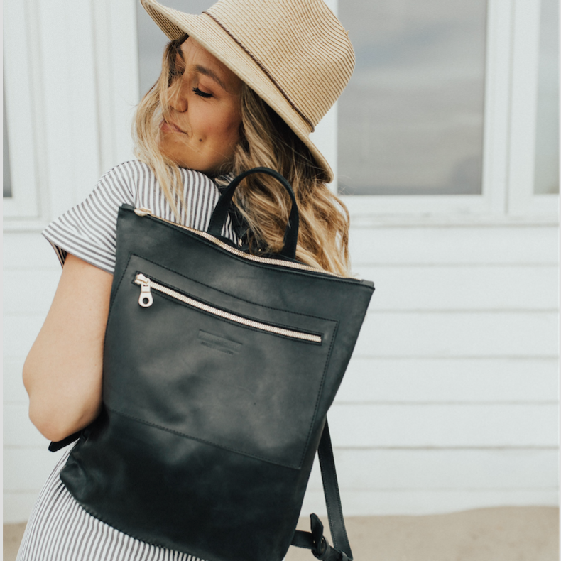 CARLY JEAN of CARLY JEAN LOS ANGELES Speaks on Mom Life while Sporting her Miramar Leather Backpack