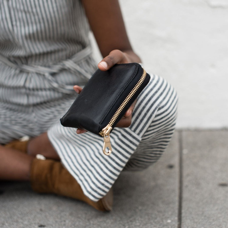 Check and Leather Zip Card Case in Olive Green - Women